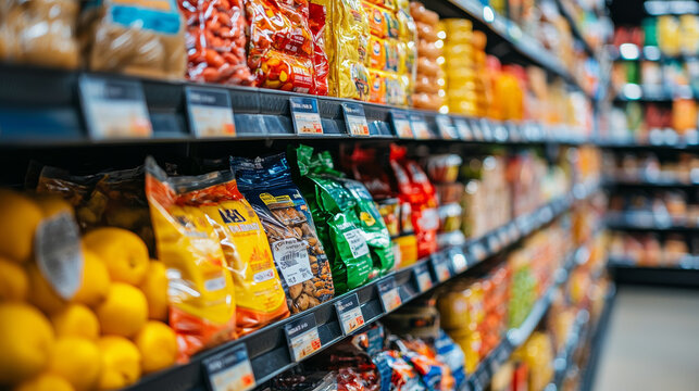 vibrant grocery store aisle filled with diverse packaged snacks, fruits, and products, showcasing colorful range of items for shoppers