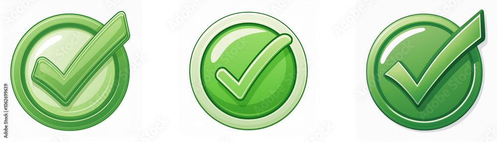 Aufkleber Three green checkmarks in circles, each with a different style of border and shading.