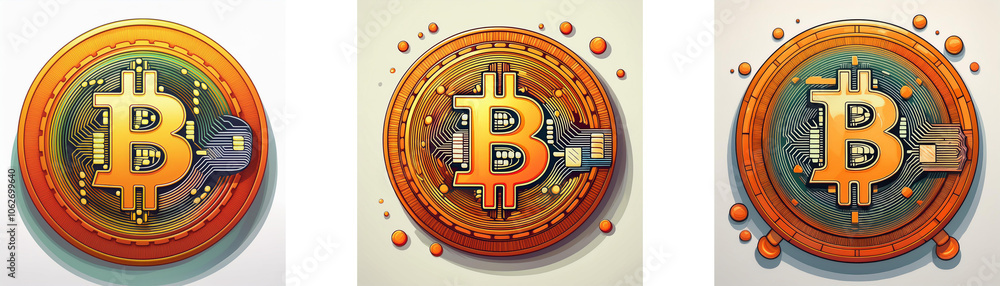 Poster three stylized bitcoin symbols with a orange and yellow circular background.