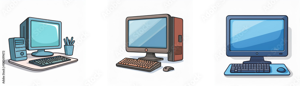 Poster three cartoon illustrations of computers, one with a tower, one with a tower and a desk, one with a 