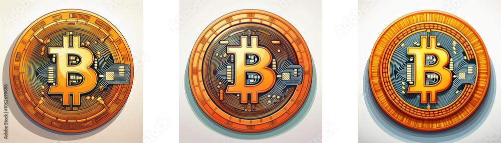 Poster three stylized bitcoin coins with different designs.