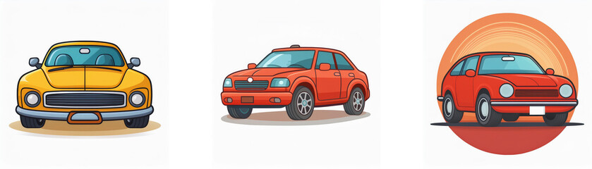 Three cartoon cars, one yellow, two red, are featured against a white and orange background.