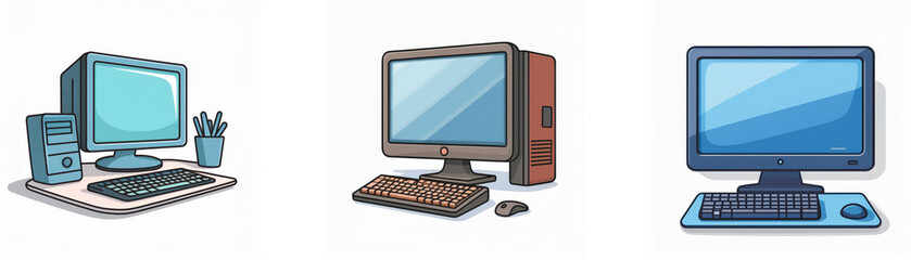 Fototapeta premium Three cartoon illustrations of computers, one with a tower, one with a tower and a desk, one with a desktop.