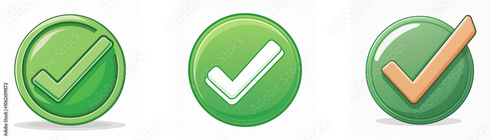 Fototapete Three green circle buttons with check marks. Each button has a different shade of green and check mark.