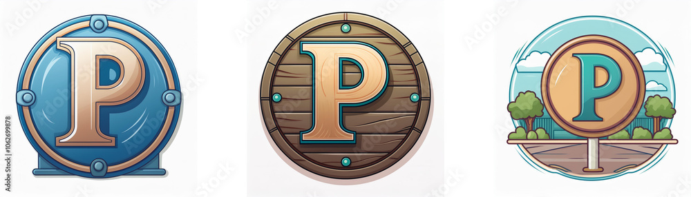 Aufkleber three circular icons featuring a large, stylized 