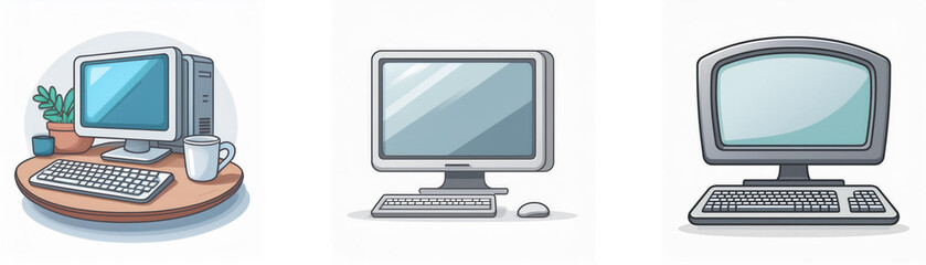 Fototapeta premium A cartoon illustration of three computer desktops, each with a monitor, keyboard, and mouse.