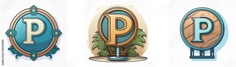 Poster three circular badges with a stylized capital letter p in the center, each with a different design.