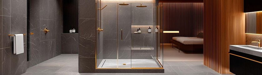 Luxury tiles in a walk-in shower, spa-like feel, glass enclosure with gold accents, warm lighting, clean lines, neutral color scheme for a relaxing effect
