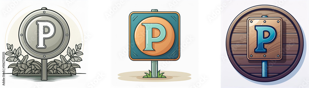 Aufkleber Three different signs with the letter P, two with a circular base and one rectangular. The signs are surrounded by a light gray background.
