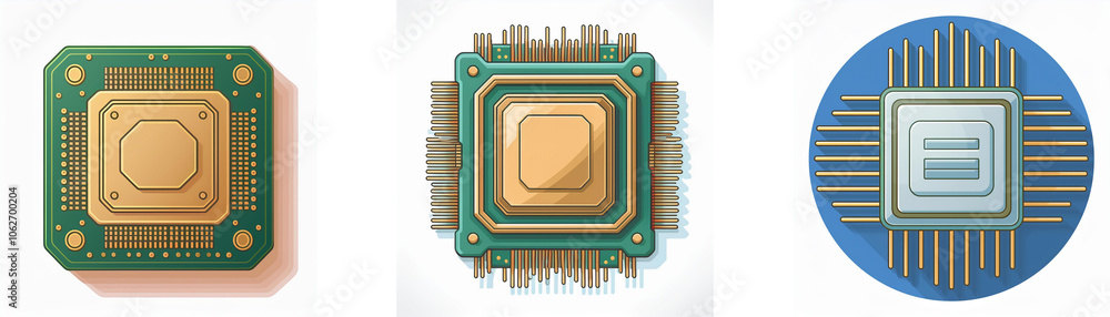 Poster Three illustrations of computer microchips, two square with gold and green colors and one round with blue, gold and grey.