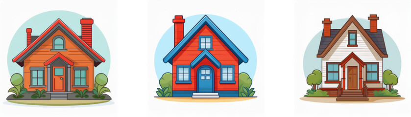 Three cartoon houses, each with a different color scheme and architectural style, are shown in the image. The houses are set against a simple background of blue sky and green grass.