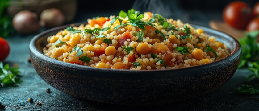 Algerian couscous with colorful vegetables, rich earthy tones, minimalistic clean backdrop, inviting and vibrant culinary presentation