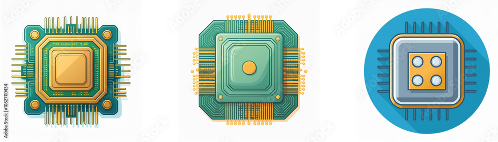 Fototapete Three illustrations of computer chips with different color schemes and core configurations.