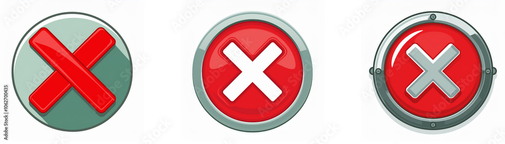 Fototapete three circular buttons, each with a red background and a white or red 