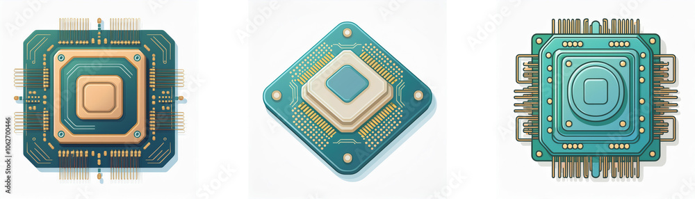 Poster three computer chips, each with a unique shape and design, are shown against a white background.