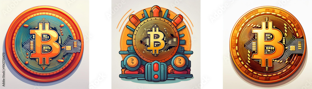 Poster Three stylized Bitcoin coins, one in the form of a gear-driven engine, the second a simple coin, and the third a simplified representation.