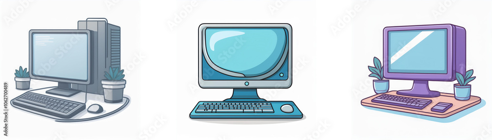 Aufkleber Three cartoon computer monitors with keyboards and a mouse on a desk with a plant next to each.