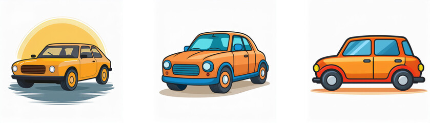 Obraz premium Three cartoon cars are shown, all in shades of orange. The first car is facing the viewer. The second car is at a slightly tilted angle. The third car is facing the side.