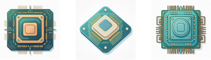 Three computer chips, each with a unique shape and design, are shown against a white background.