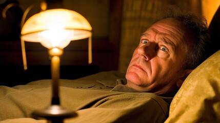 Man lying in bed with wide-open eyes, showing deep concern and fatigue, unable to sleep in dimly lit room with soft glow from nightstand lamp.