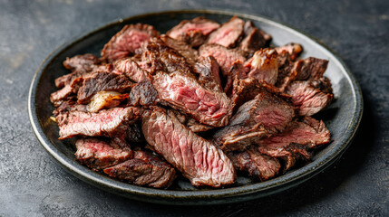 A plate of doner kebab, showing the sliced beef meat on top.