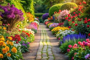 Colorful garden path lined with vibrant flowers and greenery, garden ornaments, garden borders