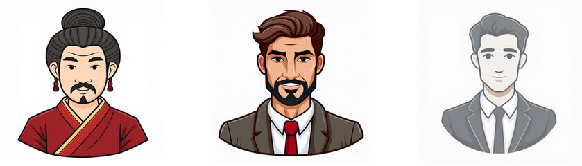 Three illustrated male avatars.  The first is wearing a red and gold robe, the second is wearing a suit, and the third is wearing a gray suit.