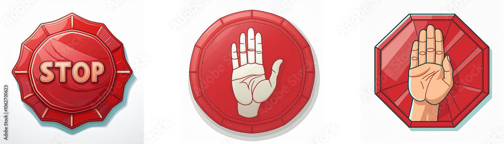 Poster three red warning signs with different shapes and designs.
