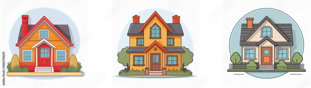Poster three cartoon houses are shown on a white background. each house is set in a circle against a light-