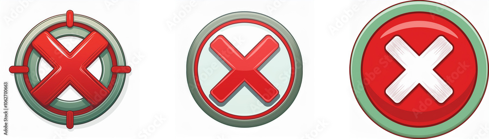 Aufkleber Three different circular buttons with red cross symbols, each with a different colored border.