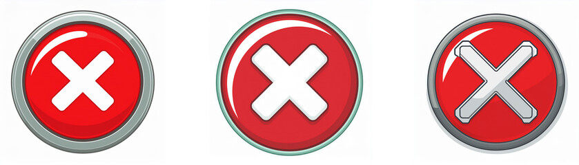 Obraz premium Three round red buttons with a white X in the center, each with a slightly different border.