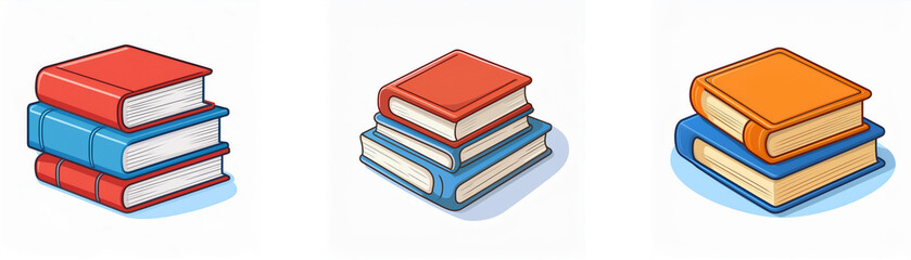 Three stacks of books, each with a different colored top book, are arranged in a row.