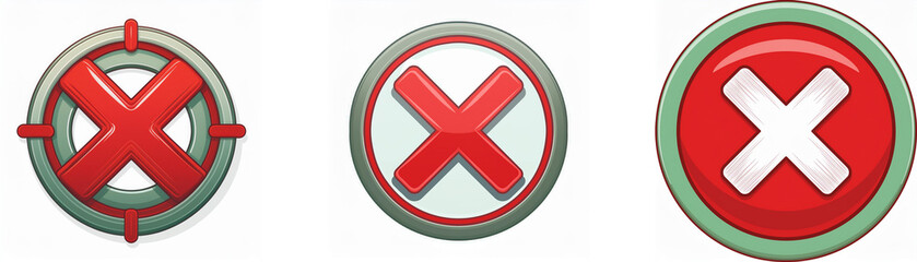 Obraz premium Three different circular buttons with red cross symbols, each with a different colored border.