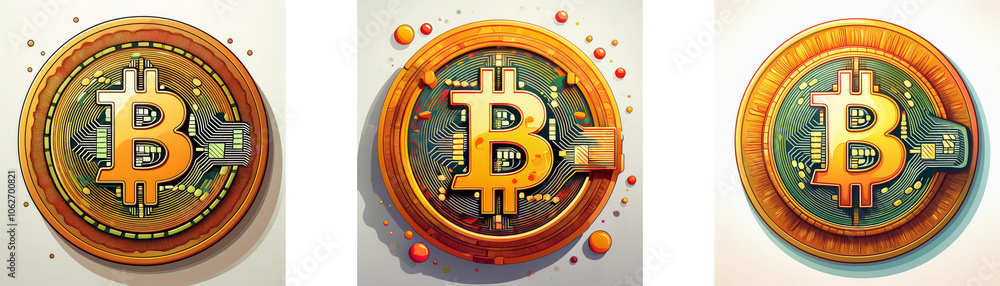 Poster three depictions of a gold bitcoin logo on a circular background with a subtle green and orange desi