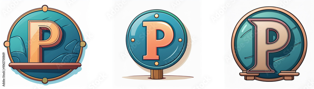 Poster three circular logos, each featuring a stylized letter p in a different design.