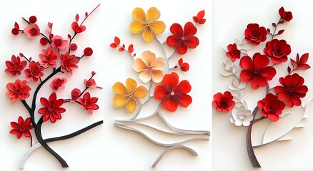 Intricate paper flowers in shades of red and yellow, meticulously crafted to create a delicate and vibrant floral display.