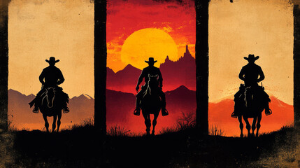 A classic Western movie poster featuring silhouettes of a cowboy, sheriff, and outlaw riding a horse through mountains at sunset or sunrise. The poster is designed in a vertical style.