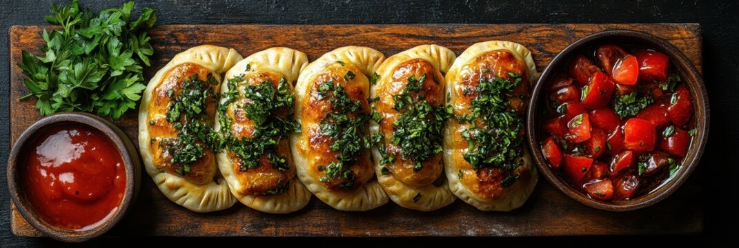 Argentinian empanadas arranged on a wooden board, simple presentation, warm ambient light highlighting their golden crusts
