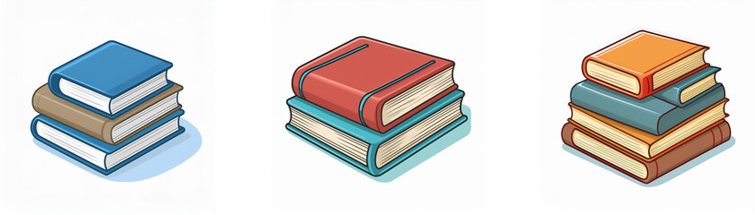 Three stacks of colorful books with different heights and color combinations.