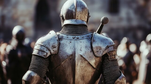 A knight in full armor stands with his back to the camera, his sword at his side, in front of a crowd of other knights and spectators.
