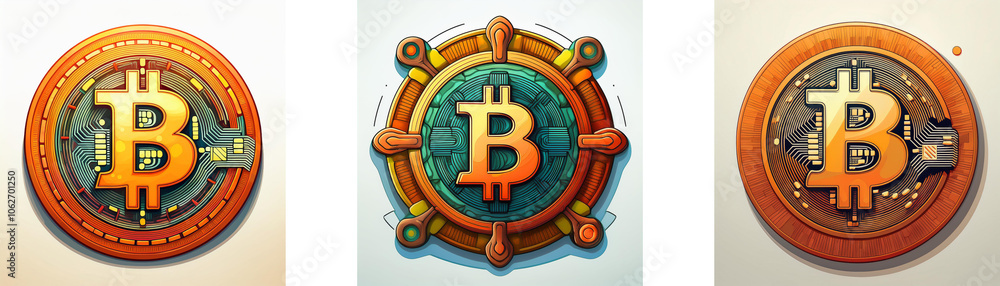 Poster Three circular coin designs featuring a bitcoin symbol, with subtle variations in the surrounding design.