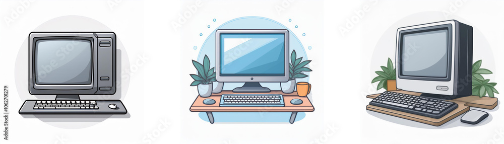 Fototapete three illustrated depictions of vintage computers with different designs and styles, each with a key
