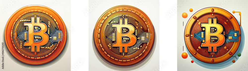 Poster three circular coins with the bitcoin symbol in gold on an orange background.