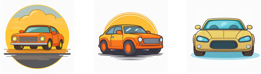 Three cartoon cars, each with a different color scheme, are depicted against a white background.  The cars have a sunset or sunrise behind them.