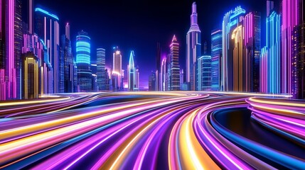 Obraz premium Abstract cityscape illuminated by radiant neon lights, with flowing bokeh trails, representing a futuristic metropolis full of energy