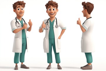 A 3D cartoon doctor giving a thumbs up in three different poses