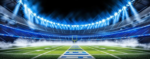 Empty American football stadium bathed in bright spotlights, foggy air adding a dramatic effect to the scene
