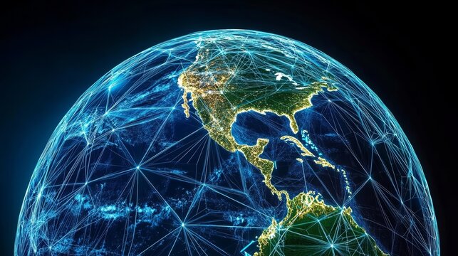 Earth with minimalistic, interconnected digital lines, visualizing the noosphere as a web of collective intelligence and technological evolution