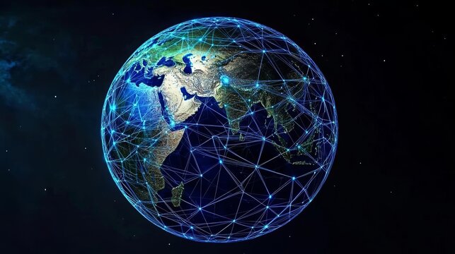 Earth with minimalistic, interconnected digital lines, visualizing the noosphere as a web of collective intelligence and technological evolution