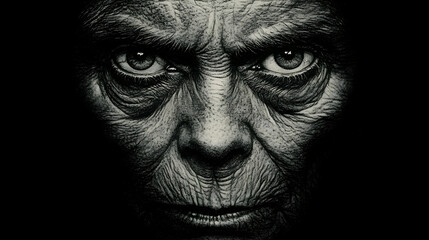 Obraz premium Close-up black and white portrait of an elderly man with intense eyes and a determined expression.